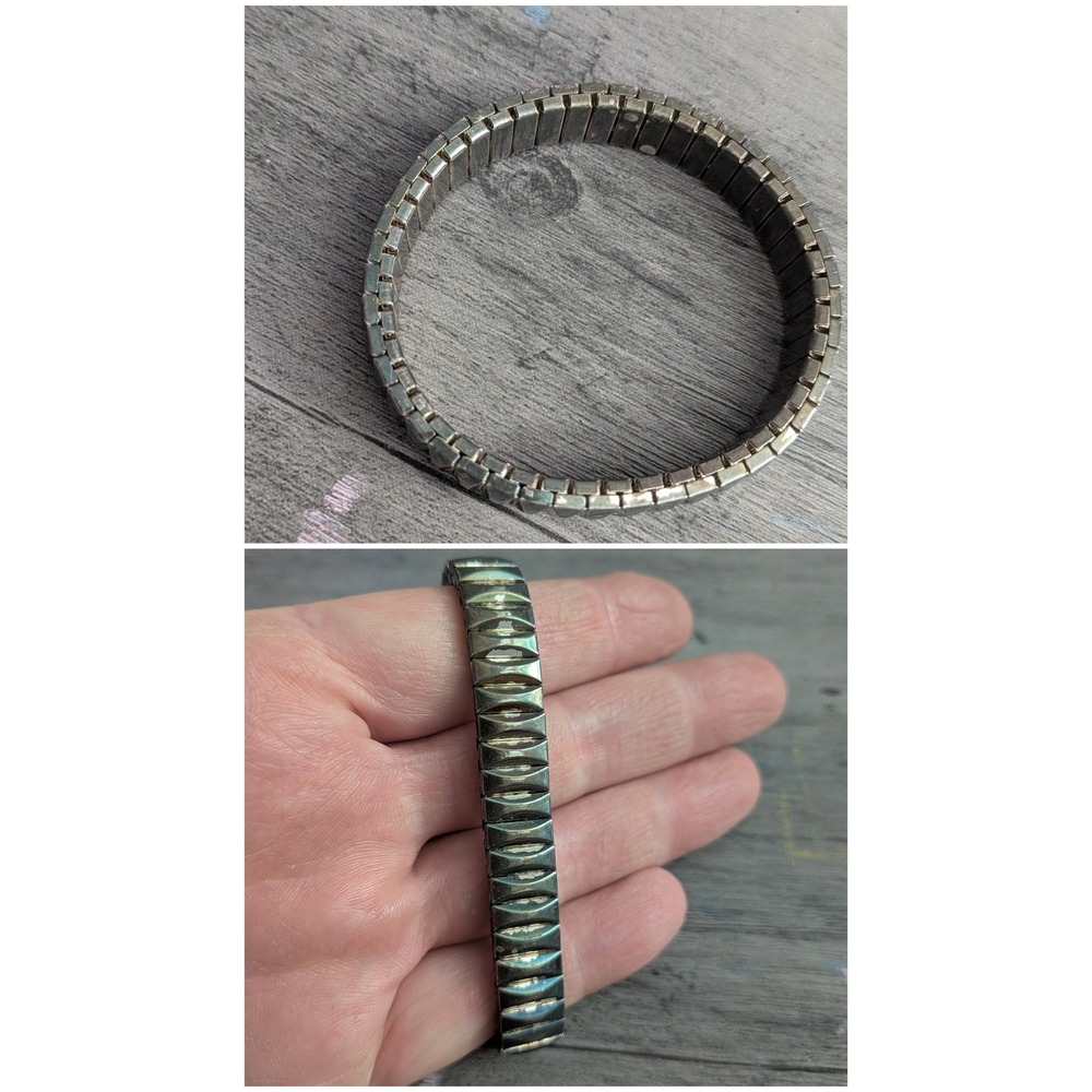 Vintage Silver Tone Expansion Bracelet Textured Geometric Stretch Band